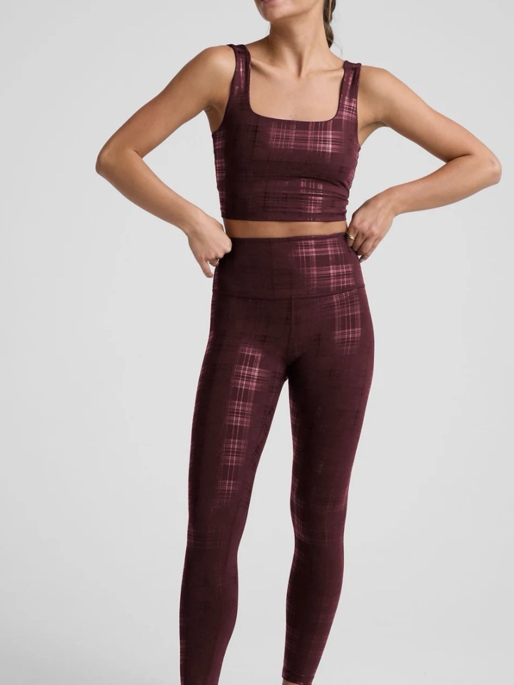 Beyond Yoga Burgundy Plaid Activewear Set MEDIUM NWT